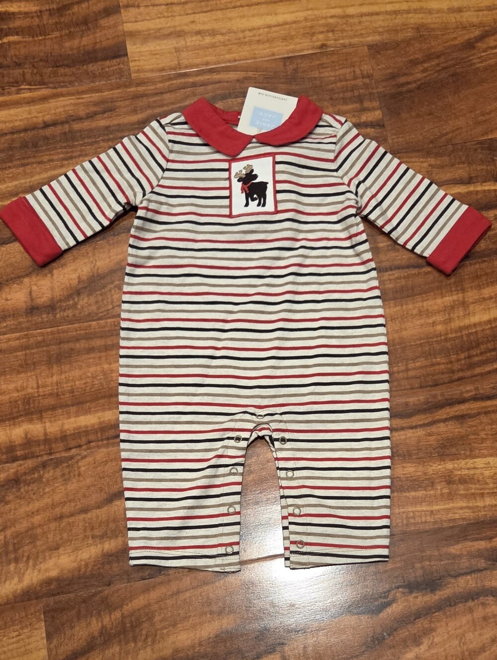 Janie and Jack NWT 0-3 Months Red/Brown/Tan Striped Moose One-Piece Romper - Picture 1 of 6